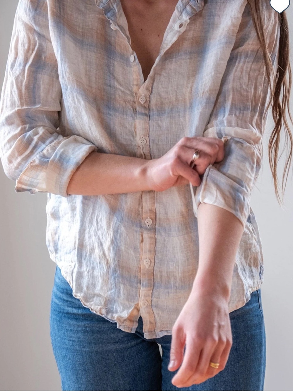 LLEA BLUE | CP SHADES Dorie Linen Plaid Top in White Blue and Wheat Size Small